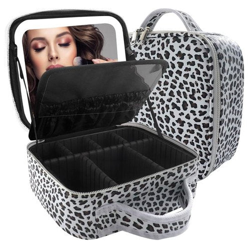 MOMIRA Makeup Bag with Mirror and Light Travel Makeup Train Case Cosmetic Organizer Portable Artist Storage Bag with Adjustable Dividers Makeup Brushes Storage Organizer Leopard-White