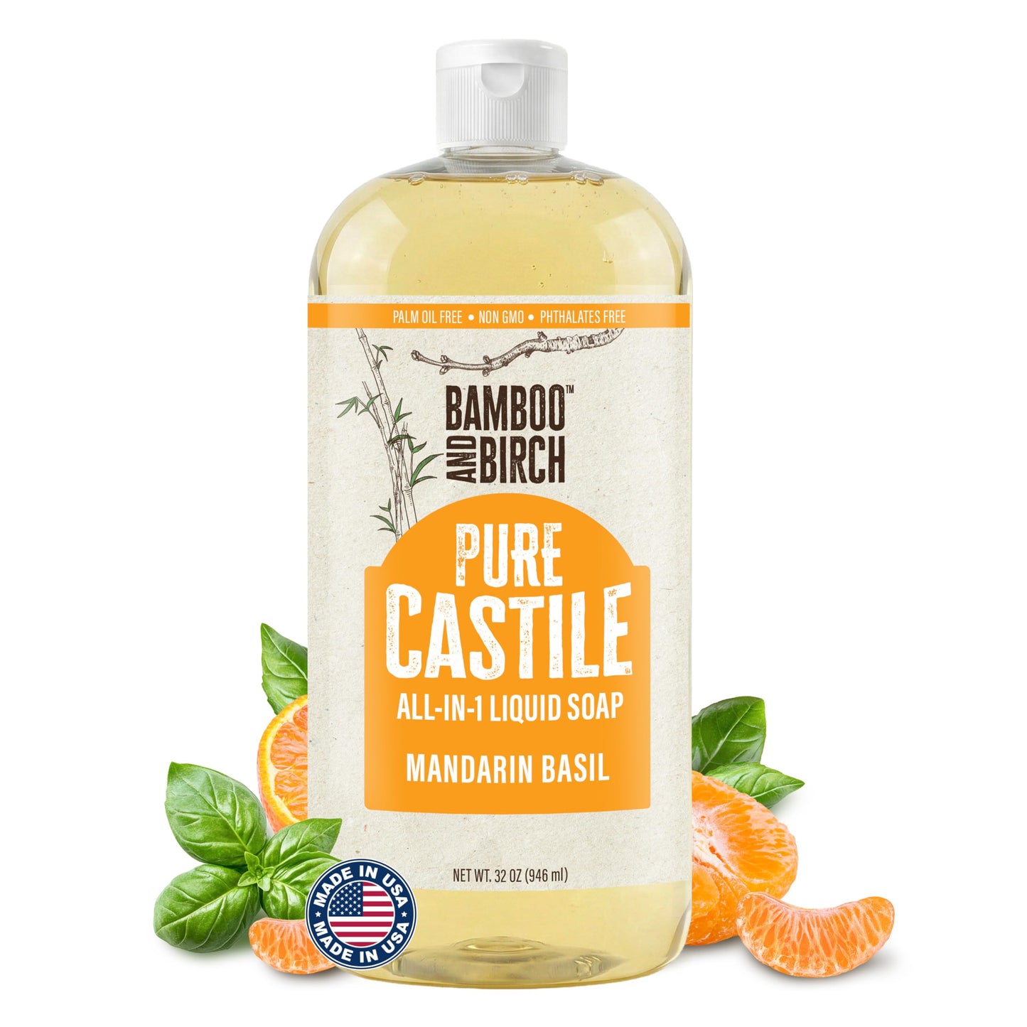 BAMBOO AND BIRCH Pure Castile Soap Liquid, Mandarin Basil, 32 oz