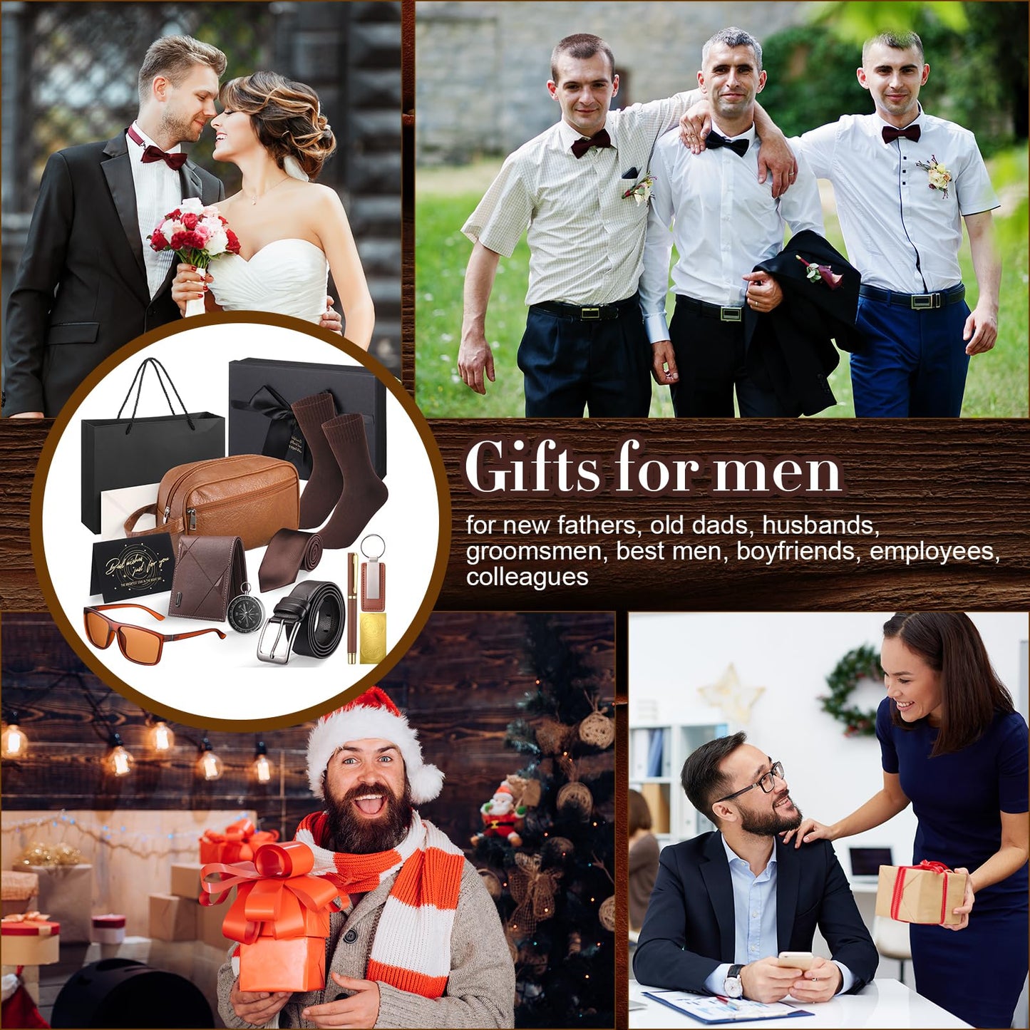 Geyoga 12 Pcs Men Birthdays Gift Set with Box for Men Him Basket Thank You Dad PU Leather Wallet Leather Toiletry Bag Tie Socks Belt Keychain Sunglasses Pen Compass Set(Brown)