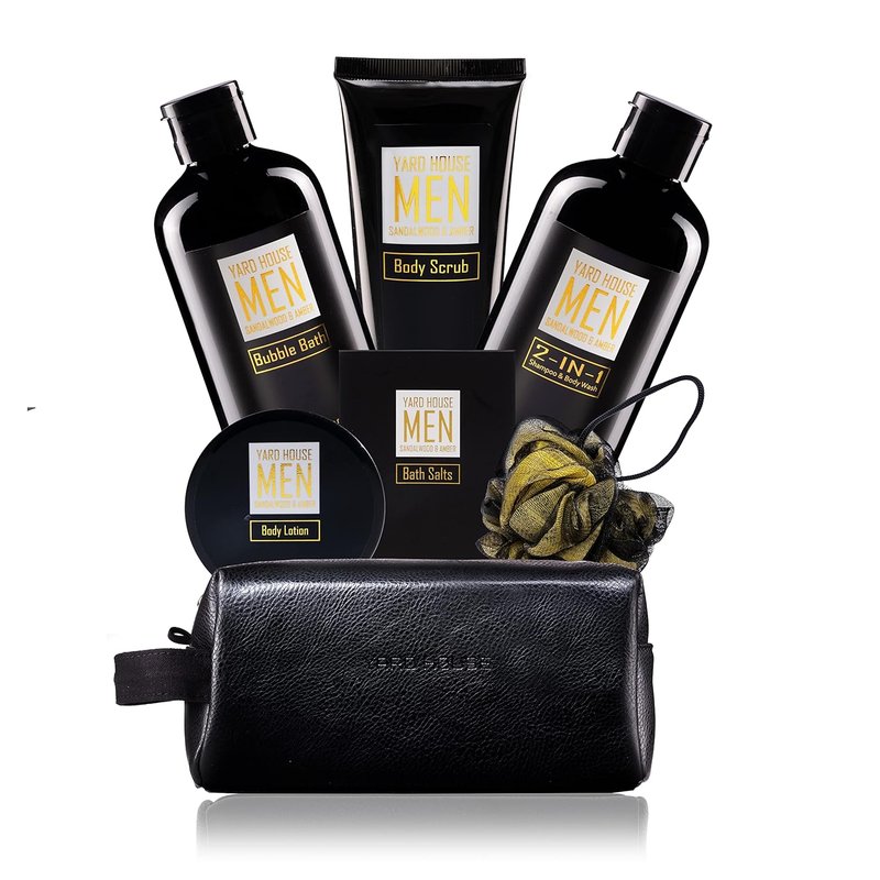 YARD HOUSE Spa Gift Basket Set for Men - Sandalwood Amber | 7-Piece Full Size Kit in Toiletry Bag - Perfect Father's Day Gift