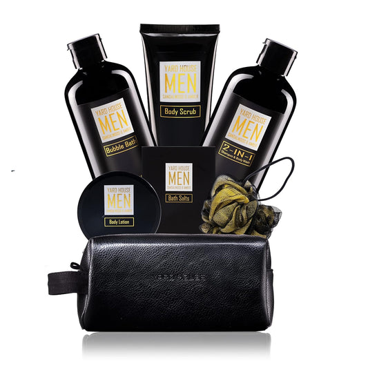 YARD HOUSE Spa Gift Basket Set for Men - Sandalwood Amber | 7-Piece Full Size Kit in Toiletry Bag - Perfect Father's Day Gift