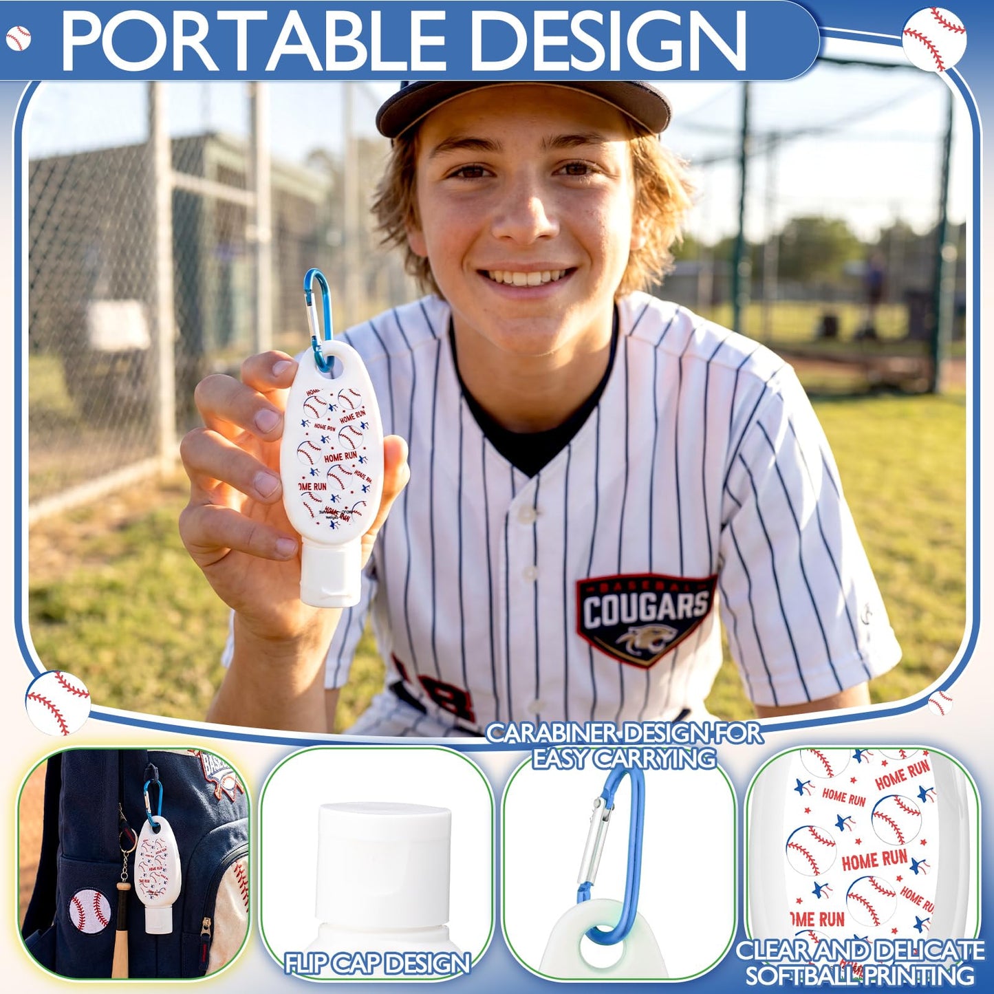 Leelosp 24 Pcs baseball Team Gift Bulk Mini Sunscreen Travel Size 1oz Sport Party Favor Sunscreen Keychain with Clip Spf 30 Fragrance Free Broad Spectrum baseball Accessories for Girl