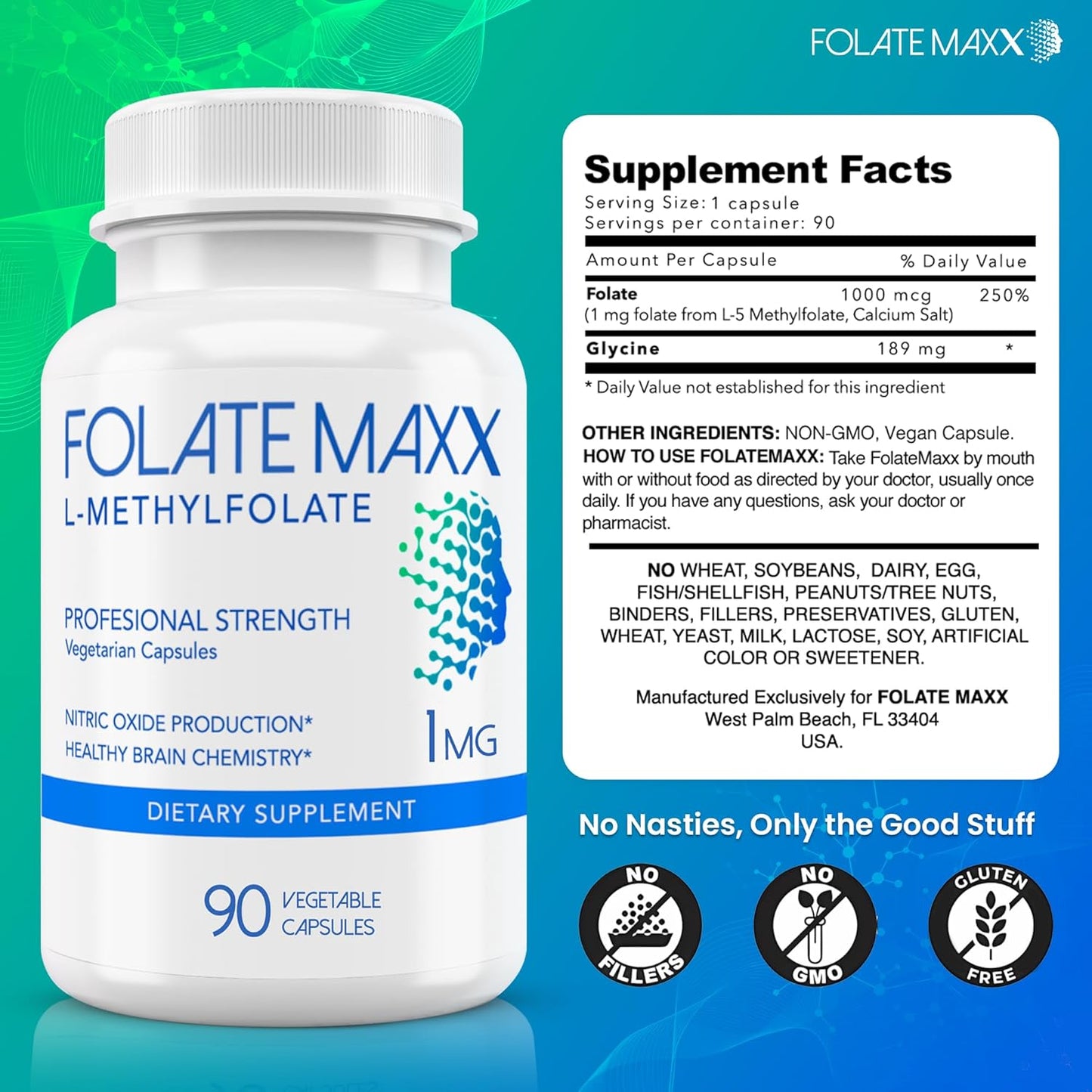 L-Methylfolate Supplement 1mg - Professional Strength Methylfolate | Non-GMO, Gluten-Free, 180 Veg Capsules
