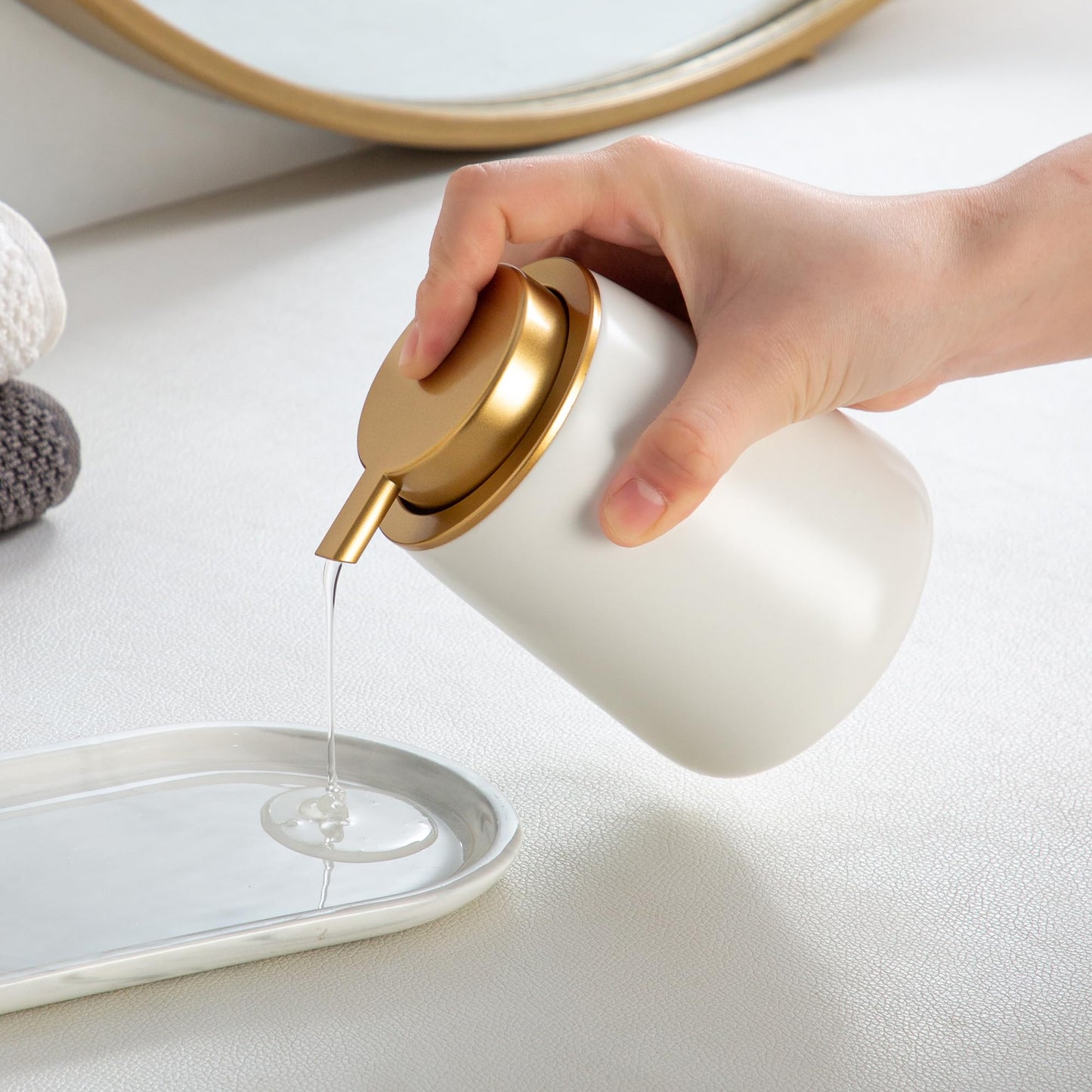 Enra Ceramic Soap Dispenser, 12 Oz Wide-Mouth Hand Lotion Dispenser with Gold Pump, White Refillable Dish Soap Dispenser for Kitchen & Bathroom Countertop Decor
