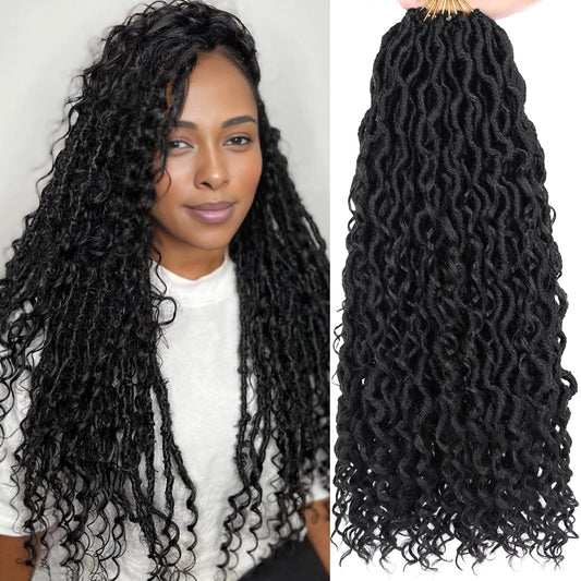 COOKOO 18 Inch 8 Packs (14 Stands/Pcs) Pre-looped Crochet Goddess Locs with Curly Ends Jet black Soft Faux Locs Wavy Crochet Braiding Hair Pre Curled Goddess bohemian Locs Crochet Hair for Women
