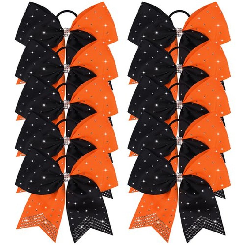 DEEKA 10 PCS Rhinestones Two Toned Large Cheer Hair Bows 7" Glitter Cheer Ponytail Holder Handmade for Teen Girls Softball Cheerleader Sports -Orange/Black