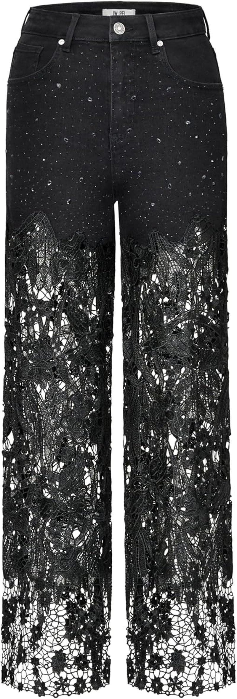 JW PEI Women's Embroidery High Rise Wide Leg Denim Jeans - Lace Detail & Rhinestones