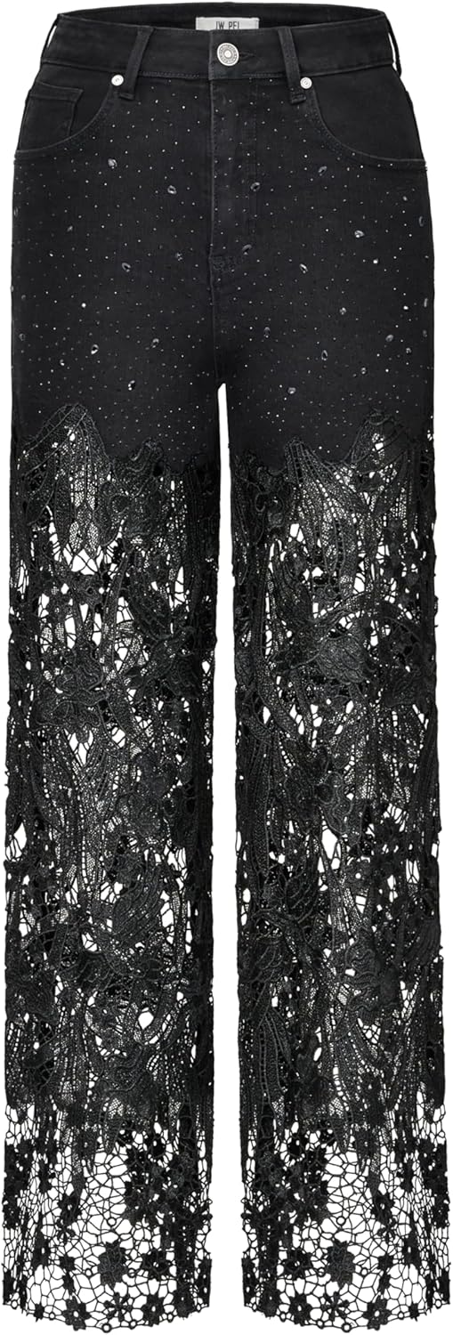 JW PEI Women's Embroidery High Rise Wide Leg Denim Jeans - Lace Detail & Rhinestones