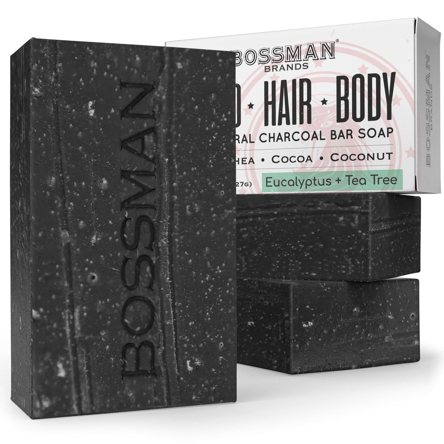 Bossman 3-Pack 4-in-1 Charcoal Soap Bar (4 oz) – Bar Soap for Men – All-Natural Beard Wash, Shampoo, Body Wash & Shaving Solution – Eucalyptus & Tea Tree Scent
