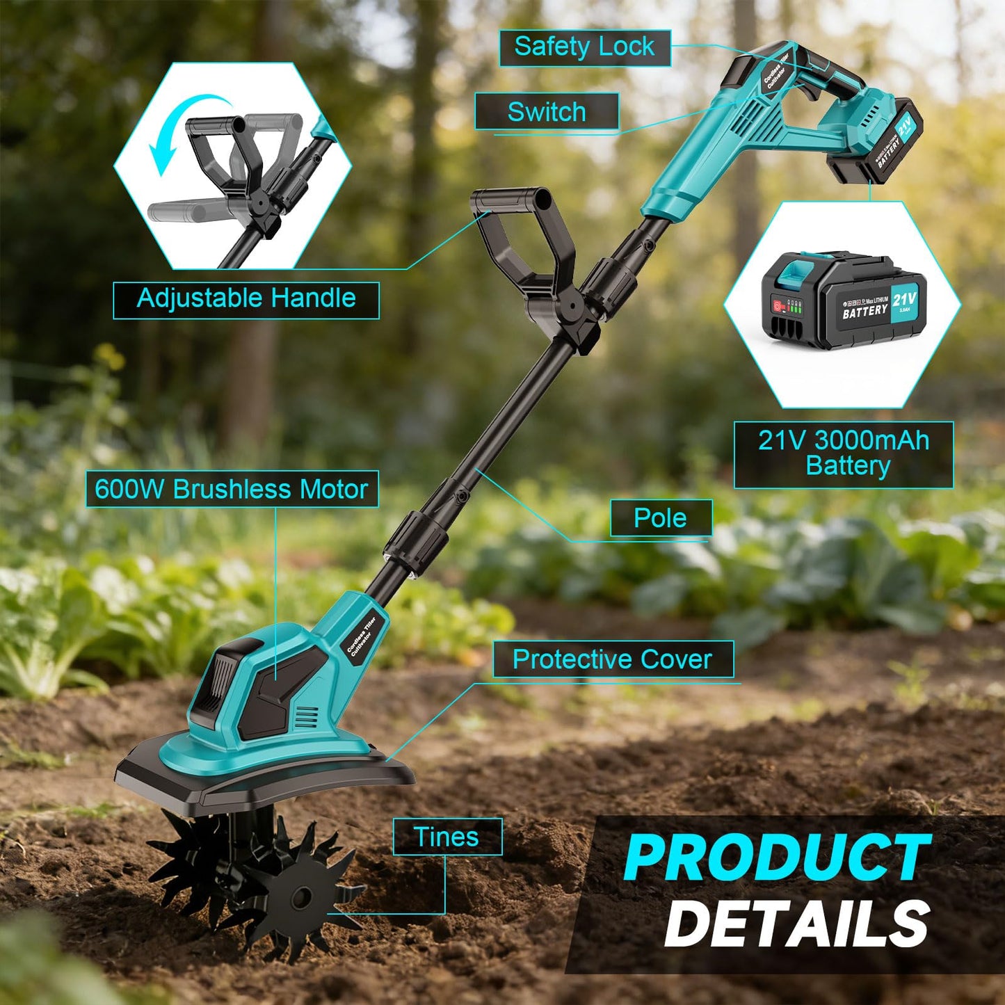 Cordless Tiller Cultivator, 360RPM Electric Garden Tiller, with 2 x 3.0Ah Batteries & Charger, 9In Tilling Width and 6.6In Depth Garden Rototiller for Lawn/Gardening/Soil Cultivation