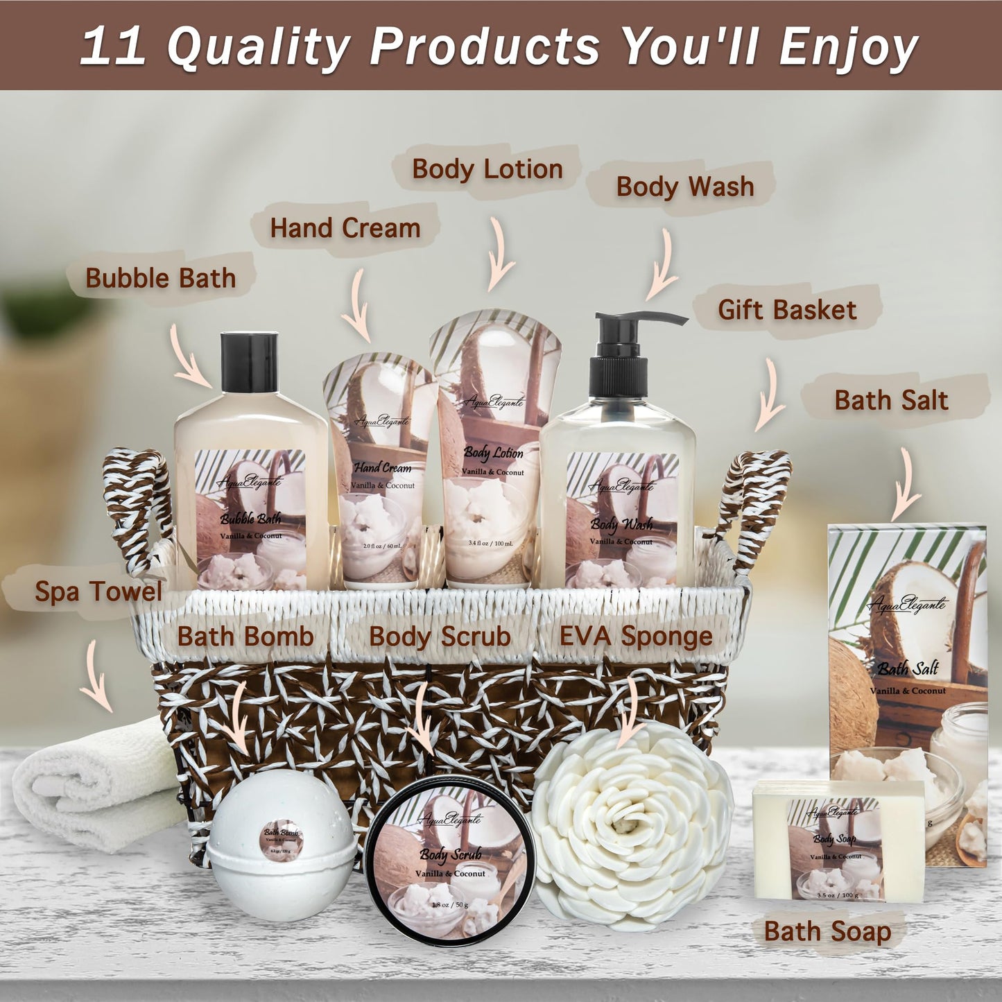 Aqua Elegante Bath Basket For Women - Deluxe Spa Set with Wash, Bubble Bath, Lotion, Salts, Body Scrub, Towel, Shower Puff, Bathbombs, Reusable Basket, Gifts for Mom, Wife, Her - Coconut & Vanilla