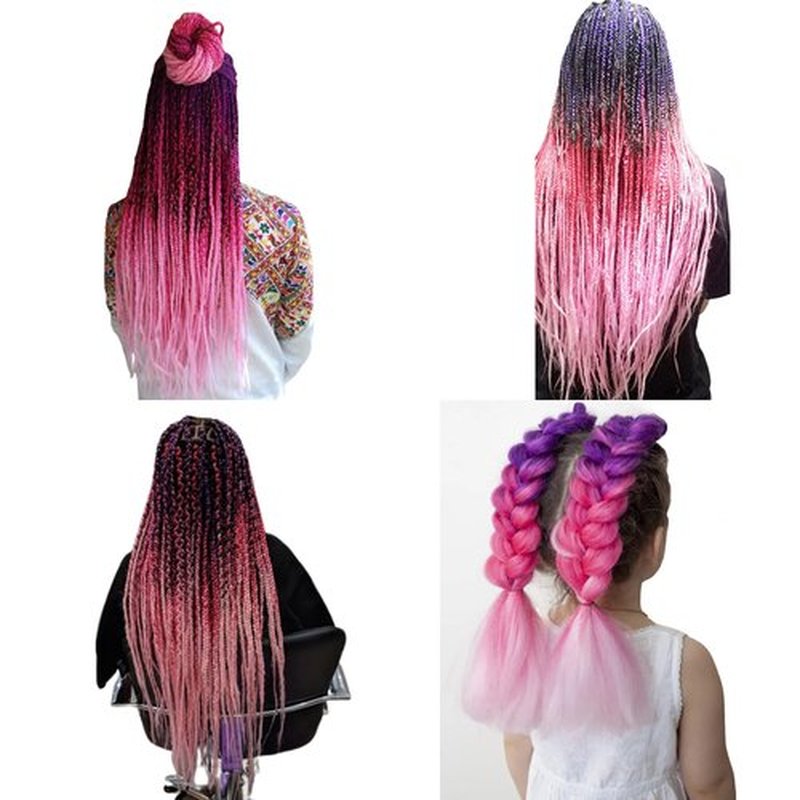 Braiding Hair Extension Jumbo Ombre Colorful for Crochet Braiding 6 Packs (High temperature, Synthetic Fiber, 24 inches) (6 Bundles, Purple to Peach to Pink)