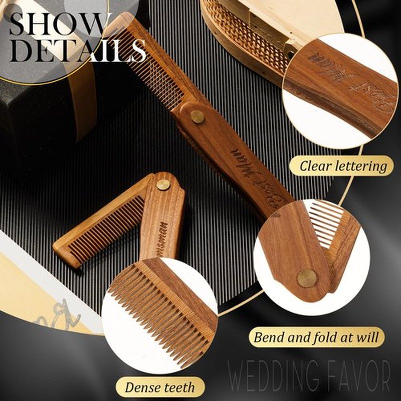 Lineshading 6 Pcs Folding Beard Comb for Men Groomsmen Gift Best Man Gift Pocket Combs Bulk Hair Mustache Comb for Grooming Detangling Wedding Favor Gift (Wood Color,Wooden)