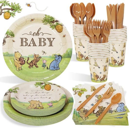 Winnie the Pooh Baby Shower Decorations Set - 175 Pcs Plates, Cutlery & Napkins for 25 Guests | Vintage Pooh Bear Theme