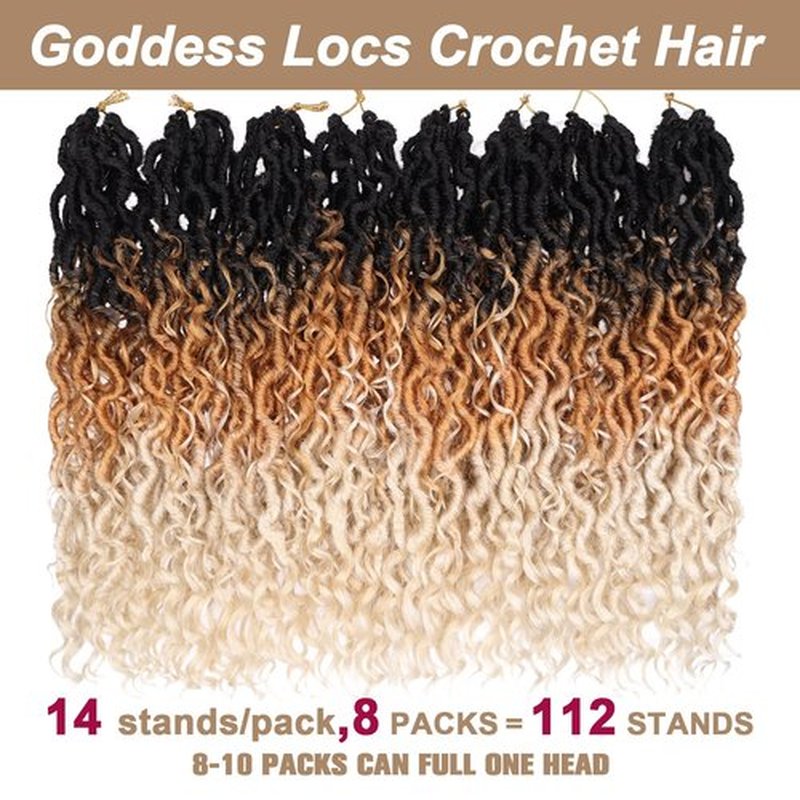 COOKOO 14 Inch Bohemian New Faux Locs Crochet Hair 8 Packs Ombre Goddess Locs Crochet Hair Pre Looped Crochet Braid with Curls Boho Style Hippie Locs Synthetic Hair Extensions for Women 1B/27/613#