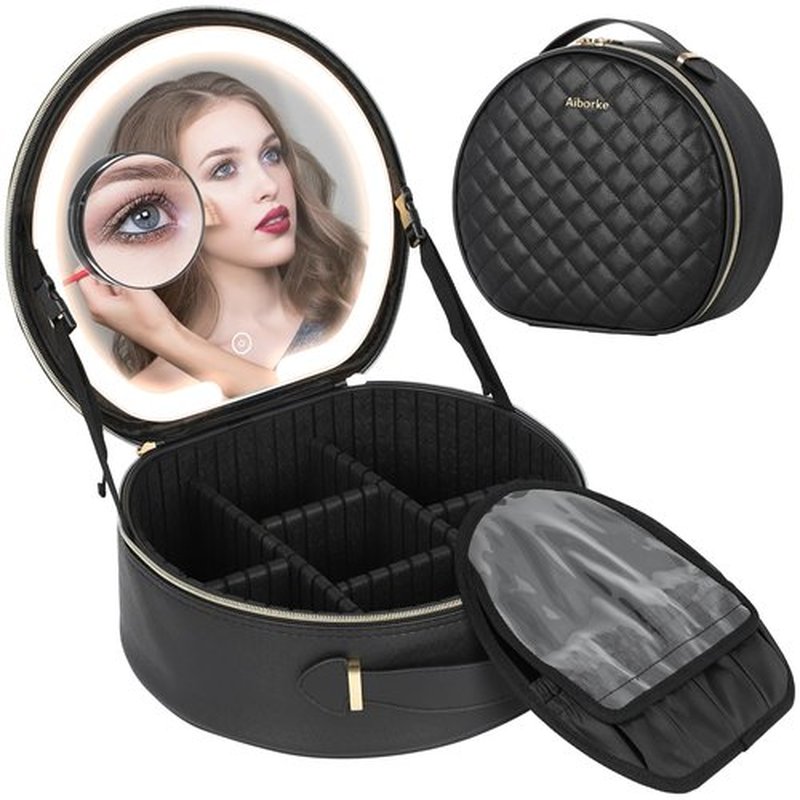 Aiborke Travel Makeup Bag with Led Mirror Makeup Case with Lighted Mirror Cosmetic Organizer bag with Adjustable Dividers and 10x Magnifying Mirror (Black-round)