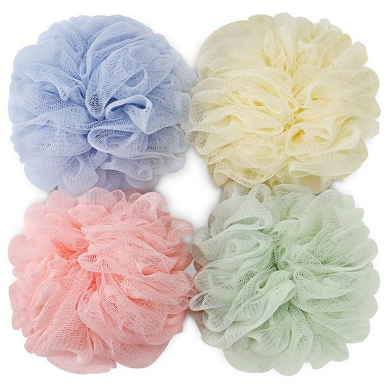DadyMart Bath Shower Loofah Sponge 75g Bath Mesh Pouf Shower Ball Body Scrubber Exfoliating Bath Sponge for Women and Men, Set of 4, Pink-Blue-Beige-Green