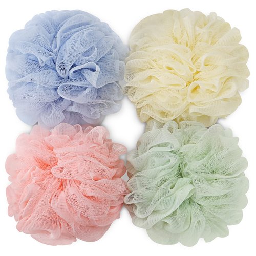 DadyMart Bath Shower Loofah Sponge 75g Bath Mesh Pouf Shower Ball Body Scrubber Exfoliating Bath Sponge for Women and Men, Set of 4, Pink-Blue-Beige-Green