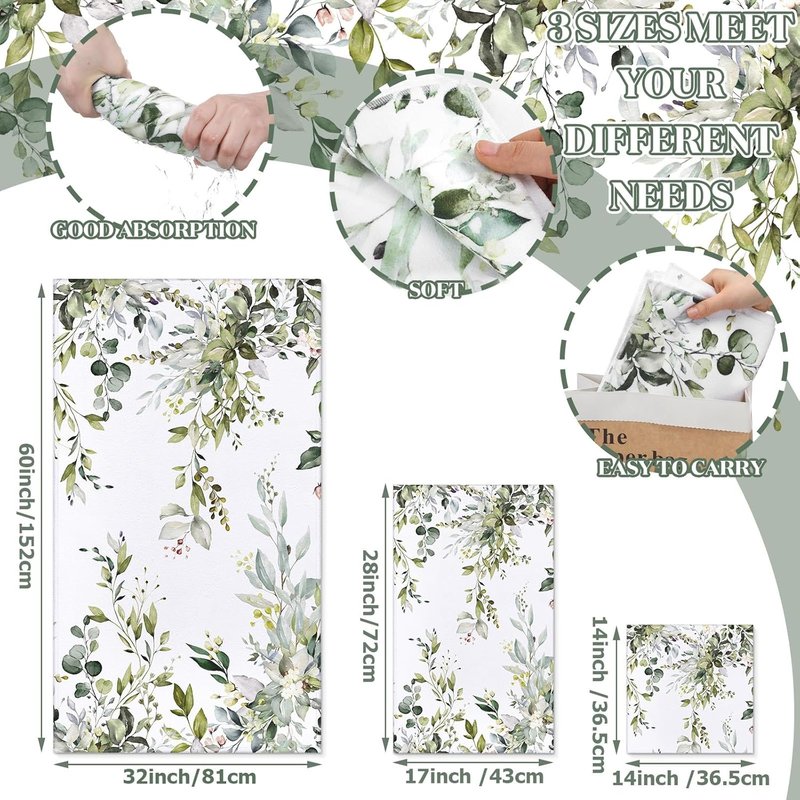 Eucalyptus Bathroom Towels Set - 3 Pack Sage Green Hand Towels | Floral Spring Decor, Absorbent Fingertip Wash Cloths for Home & Spa