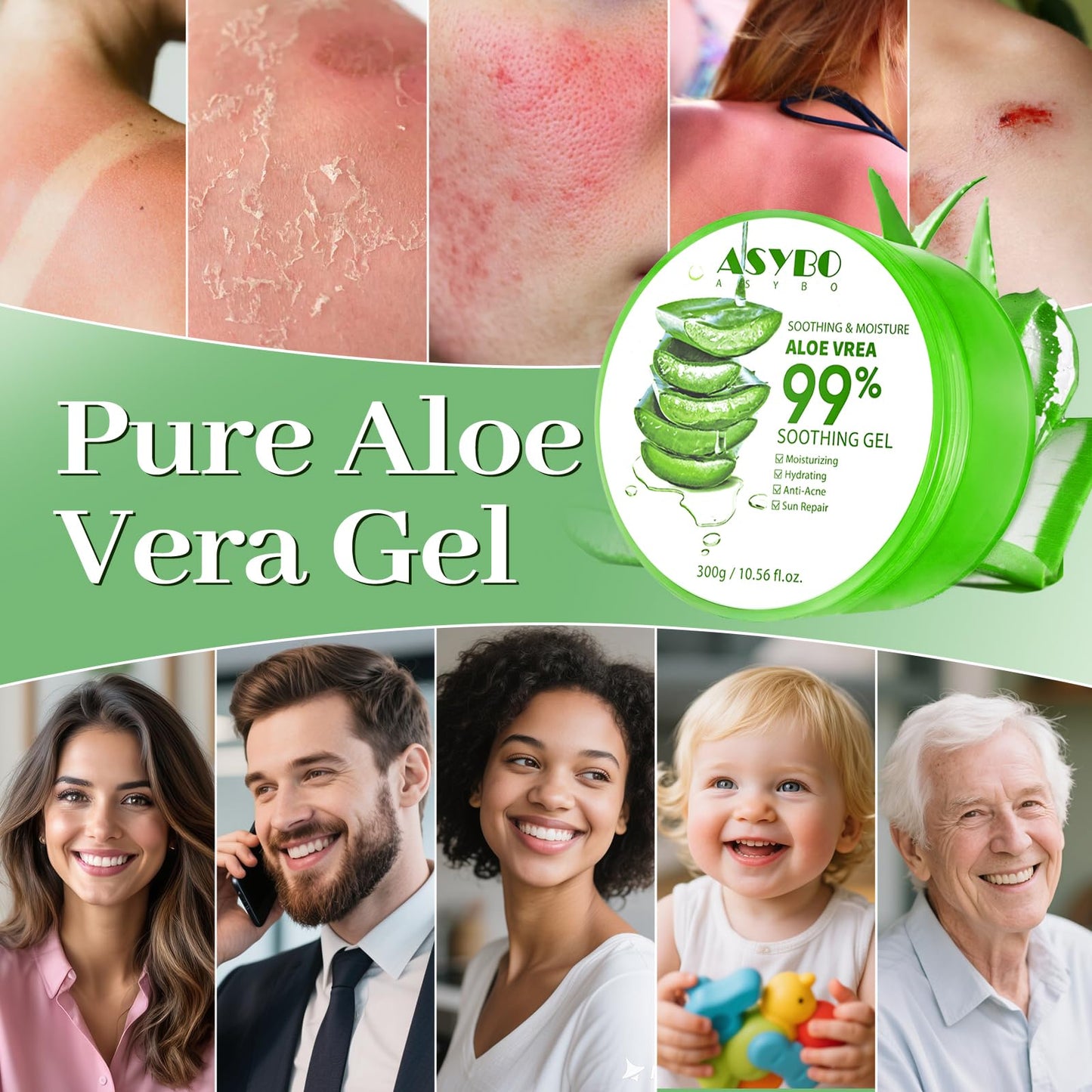 ASYBO 300 ML Natural Aloe Vera Gel -Organic Moisturizing Cream, Soothing and Hydrating, Sunburn and Scar Repair, Care for Face Body Hair