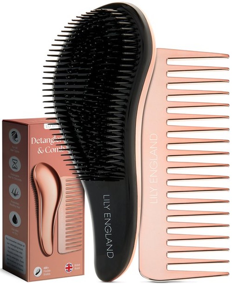 Lily England Detangler Brush & Hair Comb Set - Lightweight Hair Brush & Wide Tooth Comb for Women & Kids - Smooth Detangling Brush & Comb for Curly Hair, Straight, Dry, Fine, & Thick Hair, Rose Gold