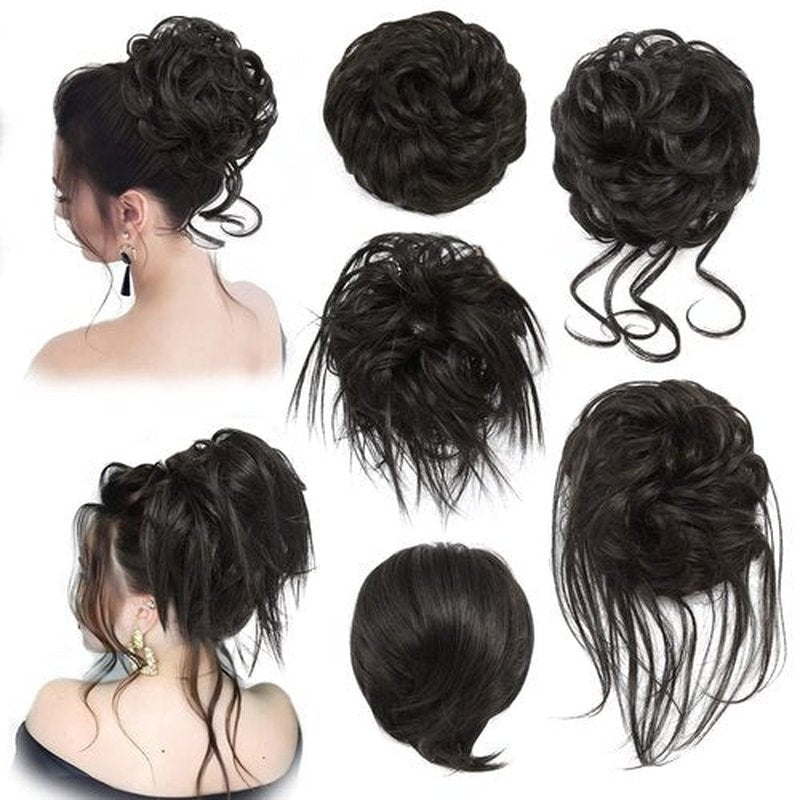 HSLHDI Messy Bun Synthetic Hairpiece for Women and Girls - Short Tousled Scrunchie Hair Piece (1-5pcs, 2#-Light Black)