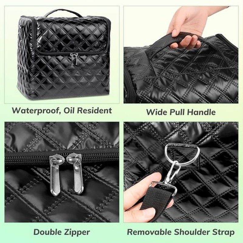 Travel Makeup Bag, 4 Trays Large Cosmetic Bag for Woman with Adjustable Dividers, Makeup Organizer Bag Waterproof, Travel Essentials Cosmetic Bag, Makeup Train Case for Nail Tech Black