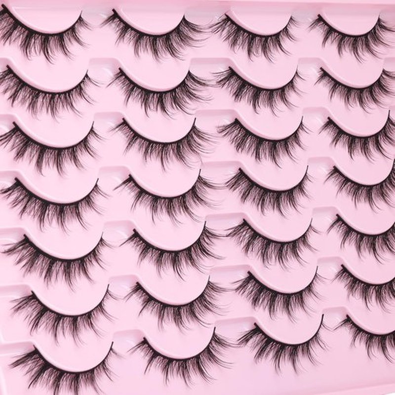 False Lashes Natural Look Wispy Eyelashes Manga Korean Spiky 16mm Short Faux Mink Eyelashes Fluffy Cat Eye Natural Fake Eyelashes Strip Lashes Pack 14 Pairs
