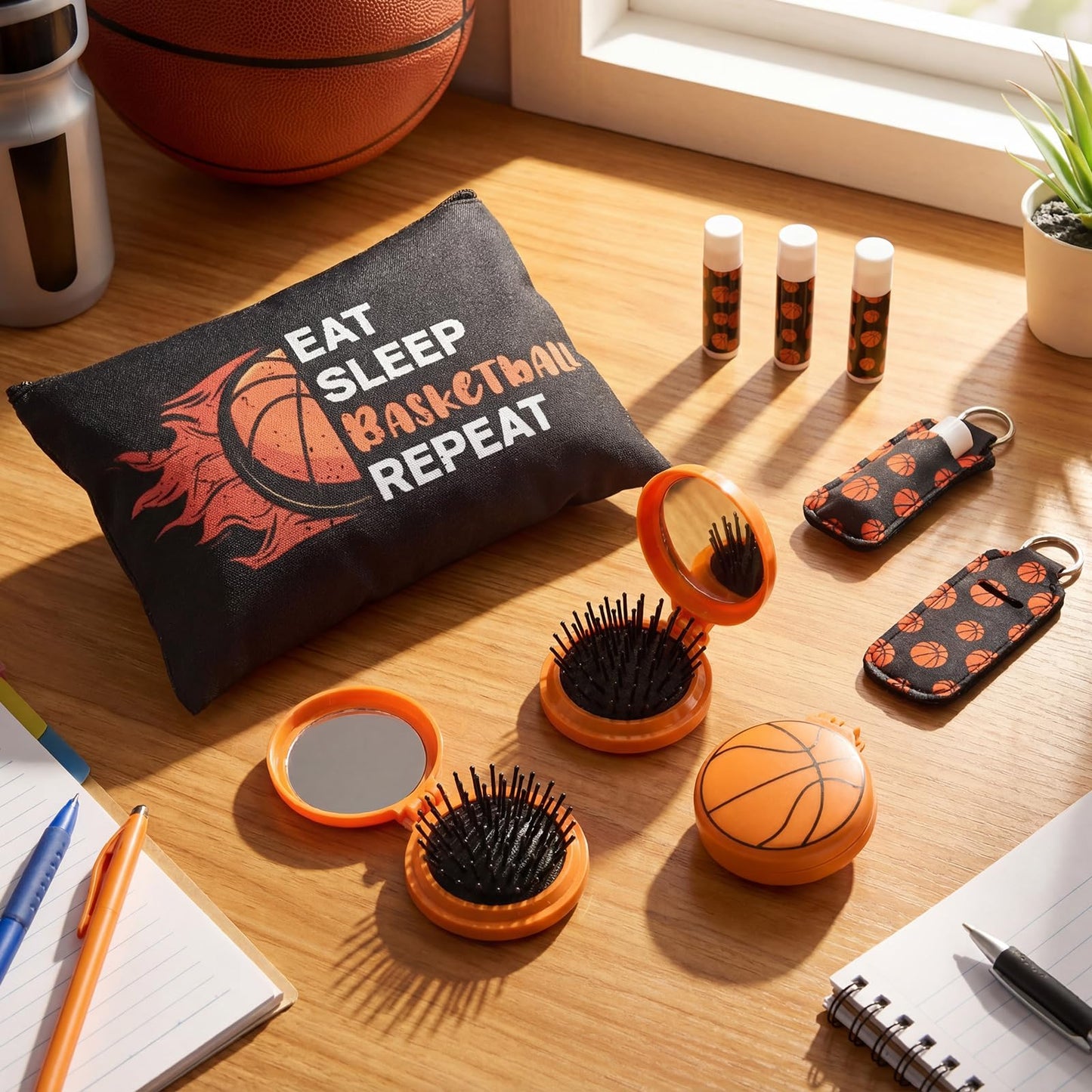 Teecyhooo 90 Pcs Basketball Gifts Basketball Party Favors for Team Include 18 Cosmetic Bag 18 Folding Hair Brush with Mirror 18 Hair Scrunchies 18 Lip Balm 18 Lipstick Holder Keychain(Orange,Classic)
