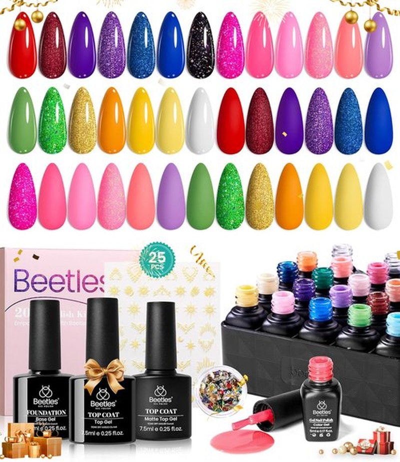 beetles Gel Nail Polish Set, 25Pcs Glitter Red Blue Green Gel Polish Kit Manga Heroine Collection with Nail Stickers Nail Rhinestones 3Pcs Base Top Coat Gift for Women Girls