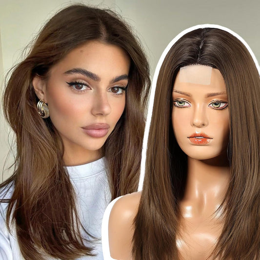 EMMOR Long Layered Wigs,Natural Central Lace Bob, Premium Heat-Resistant Synthetic Straight Wigs for Women Daily Use(Ombre Brown with Dark Roots)