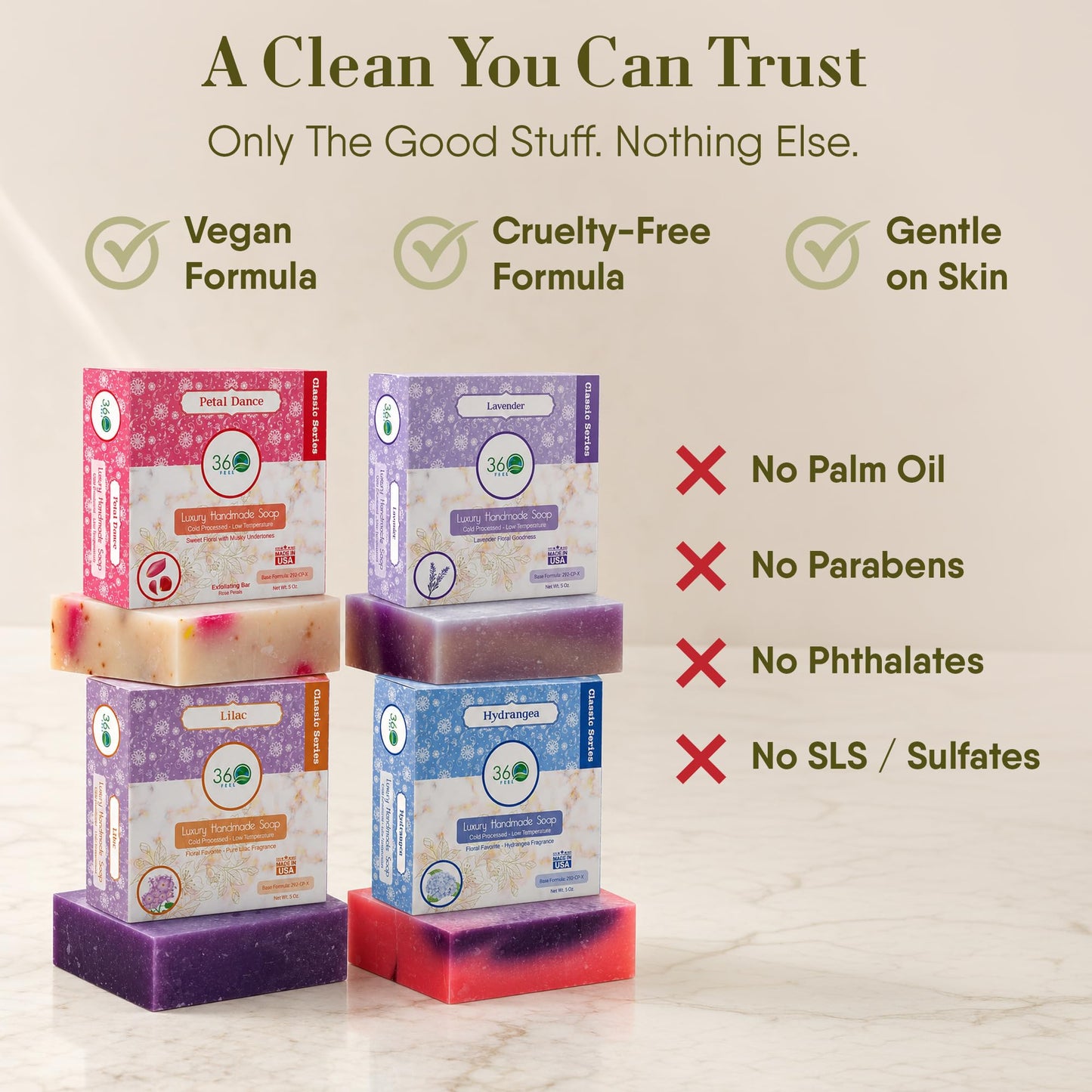 360 Feel - Floral Bar Soap Set - Made in the USA - Castile Handmade All Natural Cold Processed - Infused with Lavender, Lilac , Hydrangea & Petal Dance - Moisturizing Skin Care - (5oz, 4-Pack)