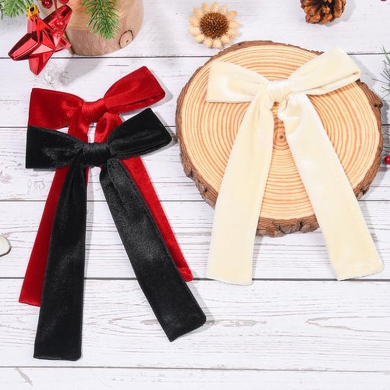 CEELGON 3 PCS Long Tail Velvet Hair Bows Hair Bow Set for Toddler Girls Long Ponytail Knot Bows Alligator Clip Hair Accessories for Girls and Women (Beige, Red, Black)