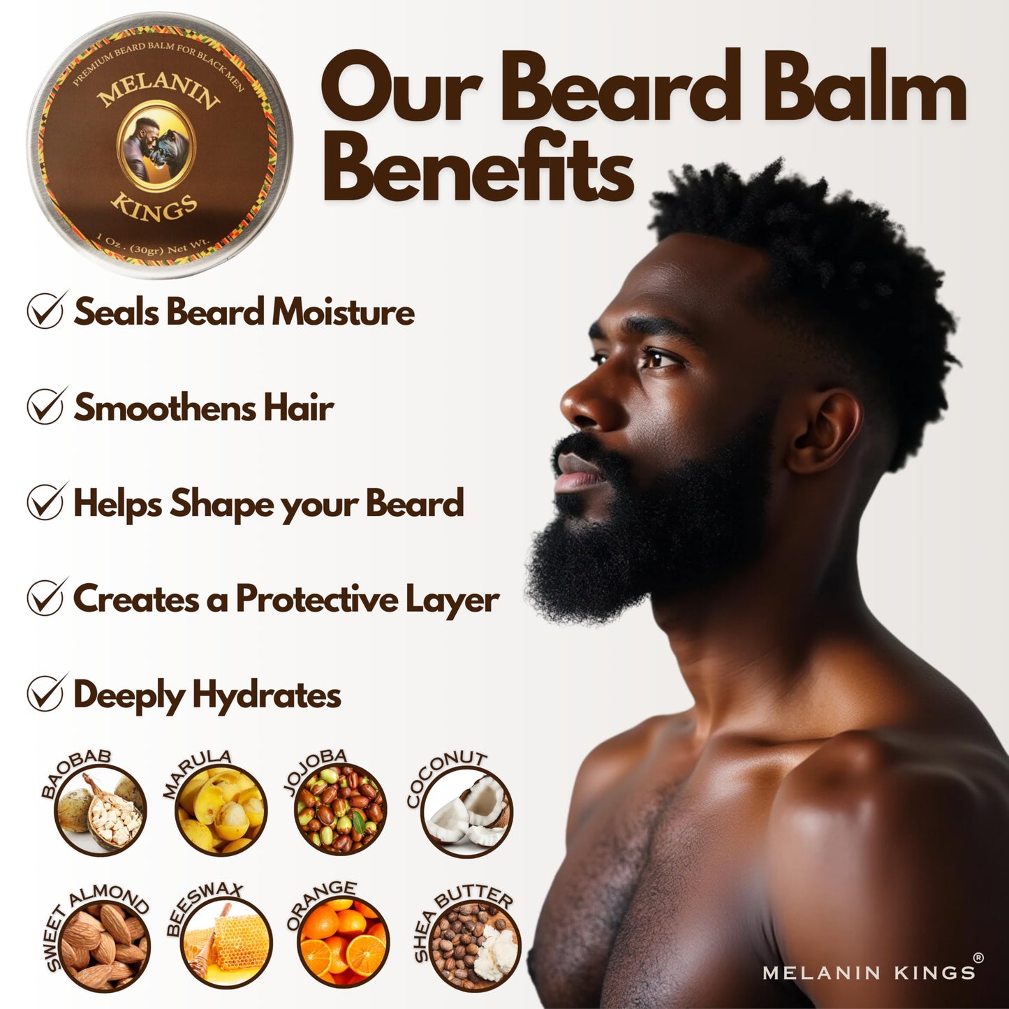 Melanin Kings Beard Grooming Kit for Men - Formulas With Ancient African Natural Ingredients | Beard Wash, Oil, Balm, Brush, Comb, Trimming Scissors