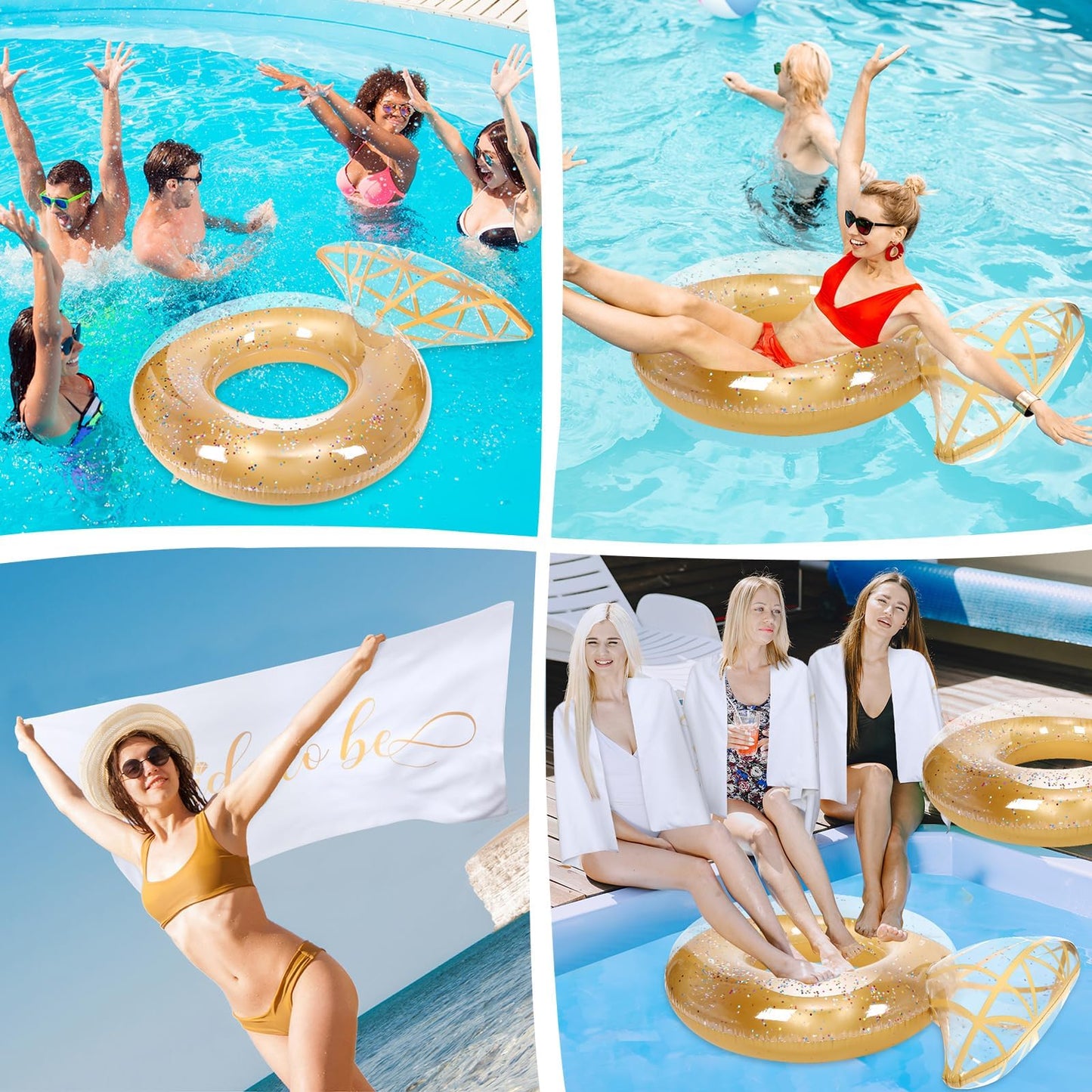 Bride Diamond Ring Pool Float & Towel Set Bachelorette Party Decoration Inflatable Diamond Bride Pool Float Bridal Shower Gift Engagement Party Accessories Swimming Tube River Wedding Photo Prop(Gold)