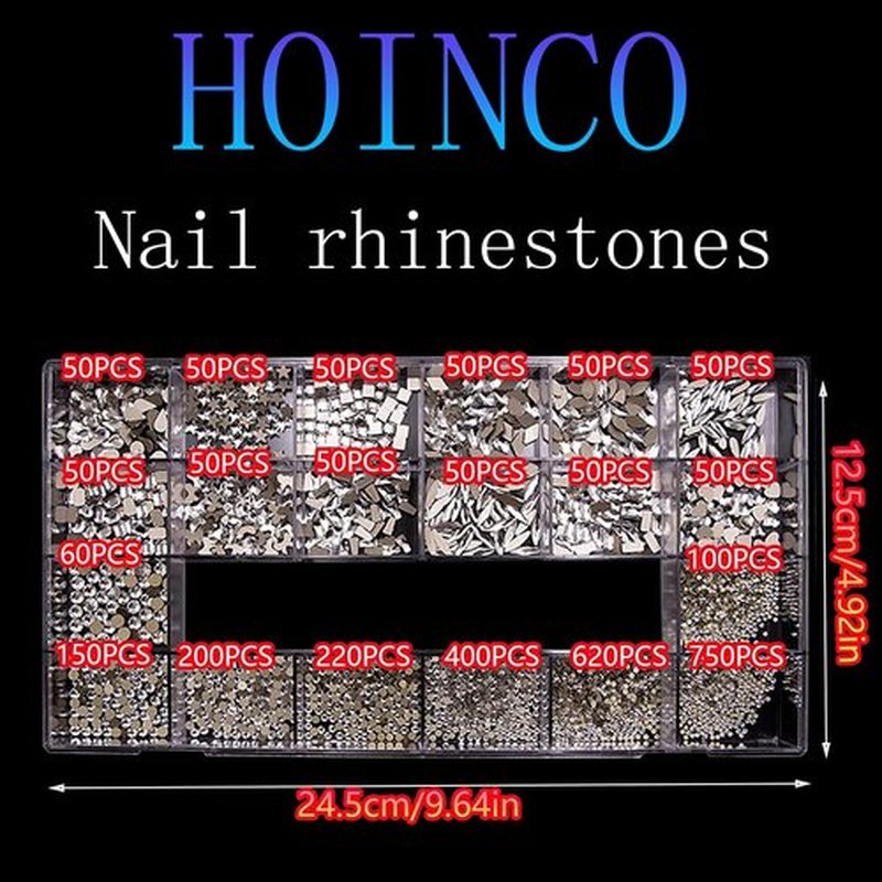 3100Pcs Professional Nail Art Rhinestones Kit, HOINCO White Rhinestones for Nails, Mix 20 Styles Flatback Rhinestone/Gems, 600 Diamonds + 2500 Round Rhinestones Beads for Crafts with Tweezers Pen