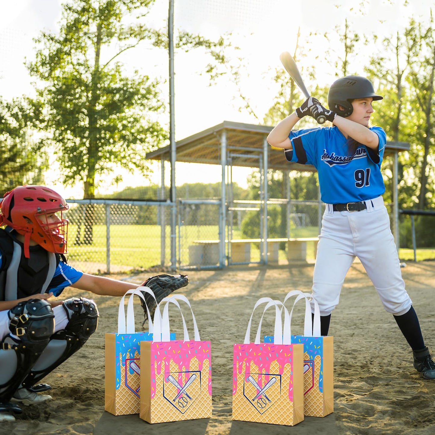 AmazingSpark 24 Pcs Non Woven Baseball Drip Gift Bags with Handles Ice Cream Baseball Drip Birthday Snack Goodie Treat Bag for Team Gift Sport Theme Decor Camping Party Favor
