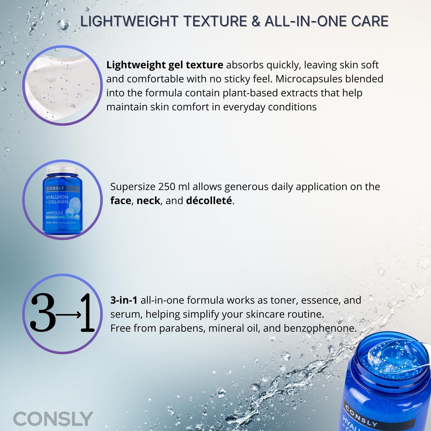 CONSLY Hyaluronic Acid & Collagen Ampoule - 3-in-1 Toner Essence Serum, Hydrating Gel Serum for Face & Neck, Lightweight Moisturizing Korean Skincare, Supersize 250 ml / 8.45 fl oz