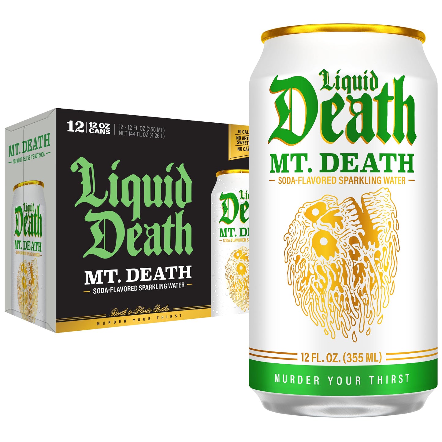 Liquid Death Soda-Flavored Sparkling Water - Mt. Death, Less Sugar*, Huge Flavor, No Caffeine, No Artificial Sweeteners, 12 Fl Oz (Pack of 12)