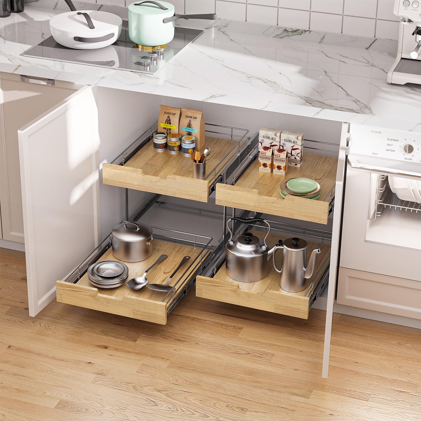 Sikarou Pull Out Cabinet Organizer,Heavy-Duty Slide Out Shelf, Wood and Wire Basket, Pull Out Drawer for for Kitchen Under Sink Space, Pantry, Bathroom, 2 Tie 14 * 21 in