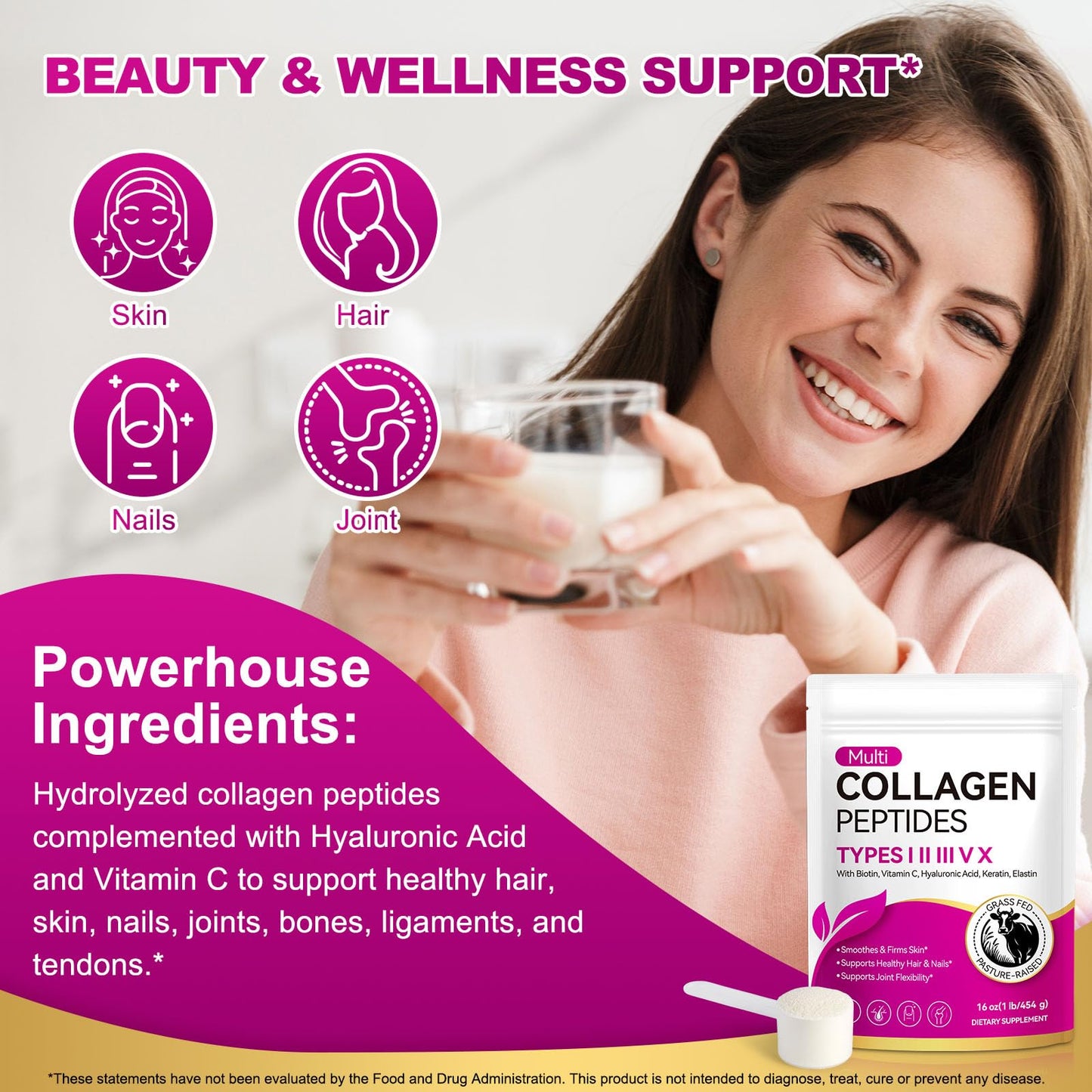 AEBEFBAW Multi Collagen Peptides Powder | Types I, II, III, V, X | 16 Oz (41 Servings) Hydrolyzed Collagen Peptides | Supports Healthy Skin, Joints, Hair, and Nails | Unflavored & Dissolves Easily