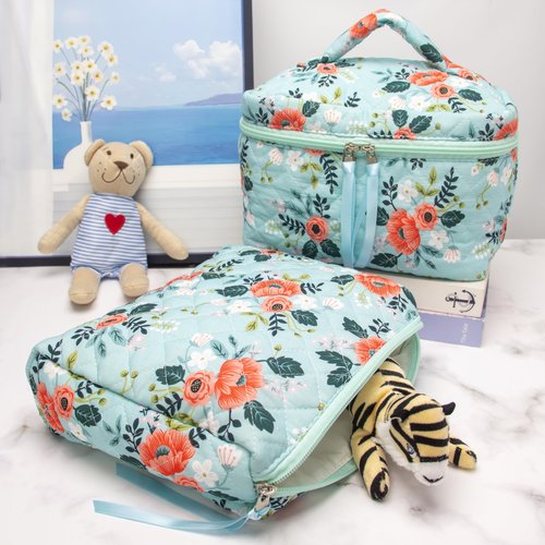 PAZIMIIK Cotton Makeup Bag for Women Large Quilted Travel Cosmetic Pouch Girls' Make Up Organizer,Flower Green