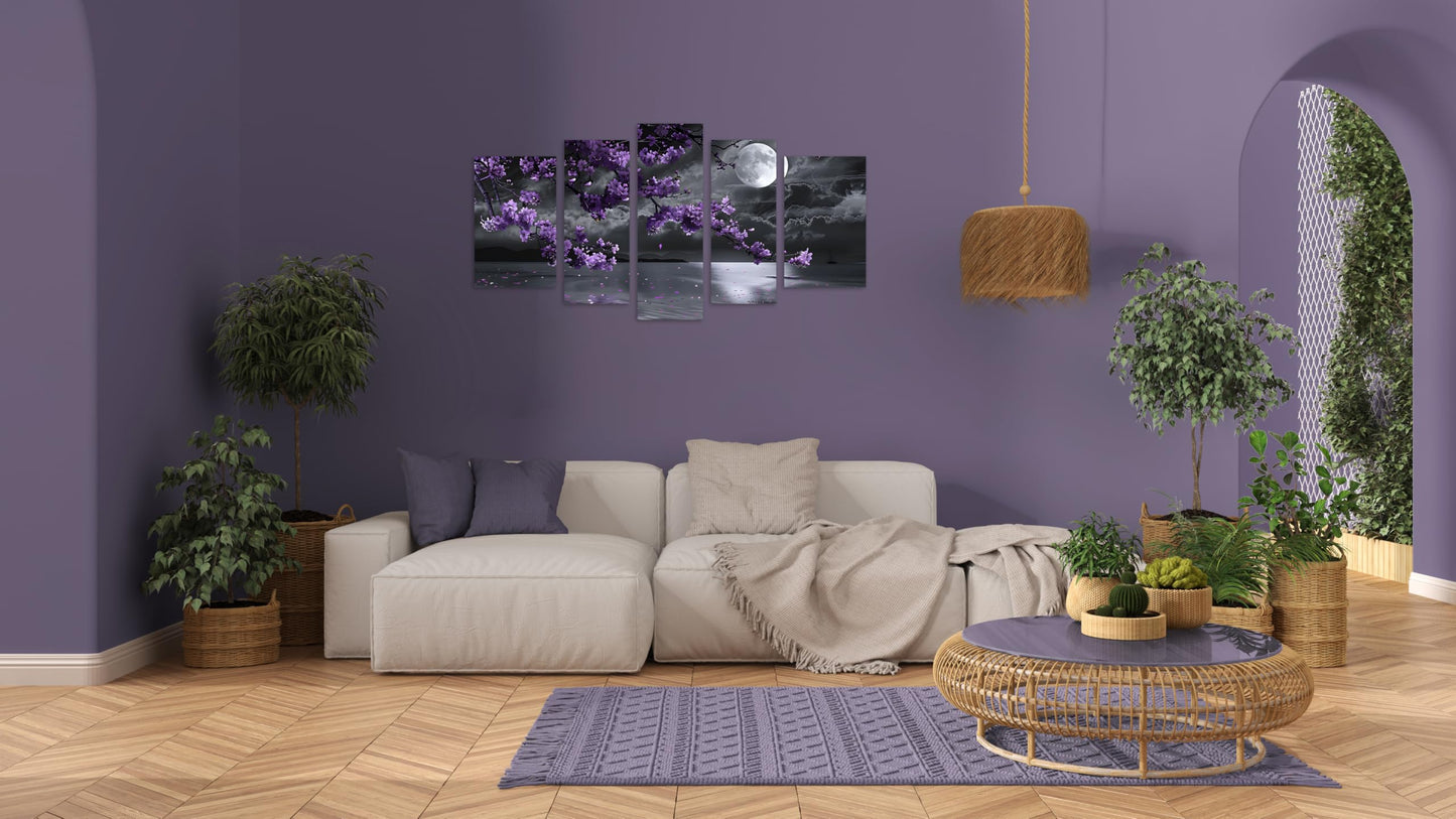 TutuBeer 5 Pcs Purple Bedroom Pictures Wall Decor Purple Canvas Art Black and White Sea Night Full Moon Flower Print on Canvas Flower Wall Picture for Room Decor Stretched and Framed