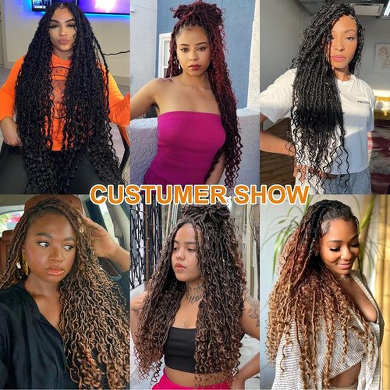 COOKOO 14 Inch Bohemian New Faux Locs Crochet Hair 8 Packs Ombre Goddess Locs Crochet Hair Pre Looped Crochet Braid with Curls Boho Style Hippie Locs Synthetic Hair Extensions for Women 1B/27/613#