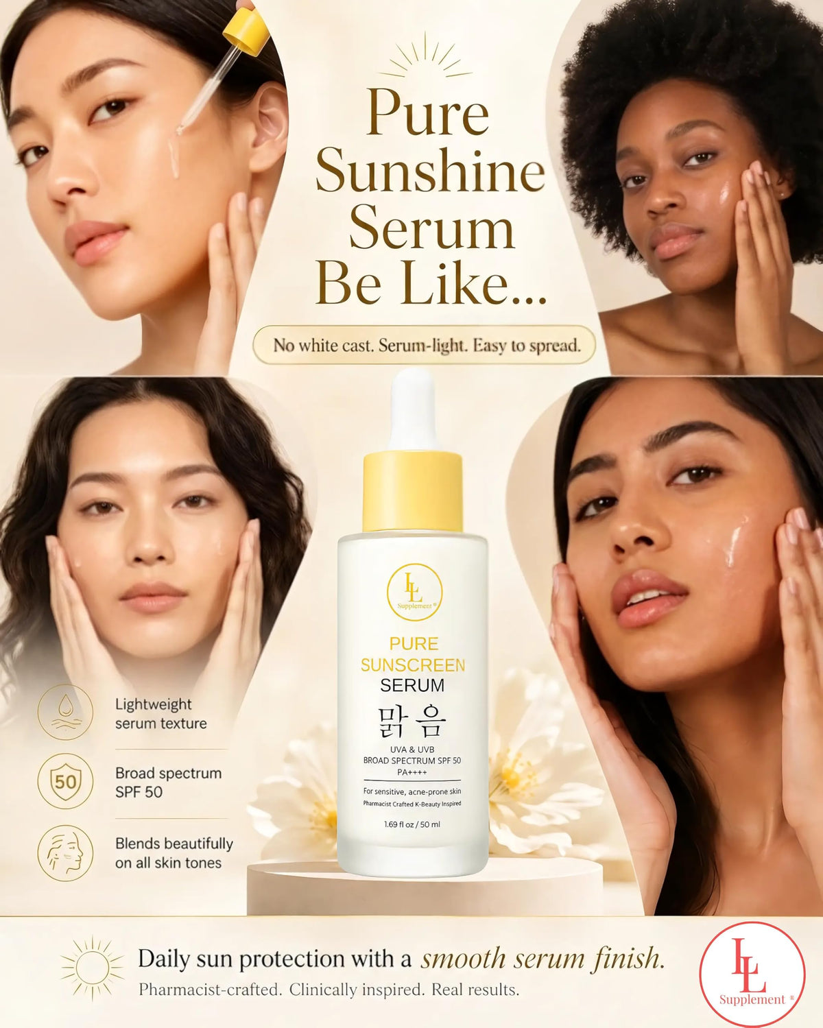 Pure Sunshine Serum SPF 50 | Pharmacist-Formulated Hydrating Face Sunscreen & Primer | Niacinamide Hyaluronic Acid + Vitamin B5 | Invisible Broad Spectrum UV Defense for Oily Sensitive Skin | 1.7 oz