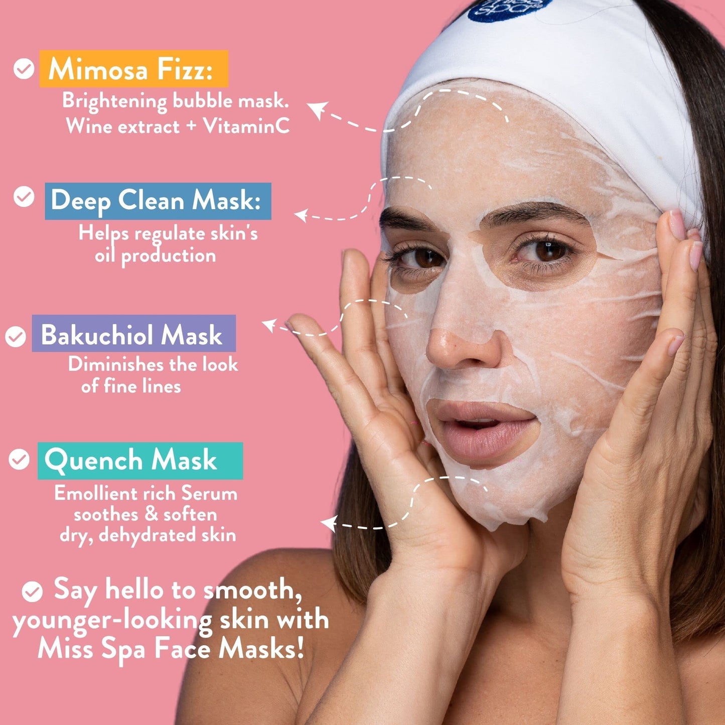MISS SPA Face Mask Skin Care Set for Women, Deep Clean Face Mask, Quench, Mimosa fizz, Bakuchiol Facial Sheet Mask, Anti-Aging, Anti-Wrinkle, Hydrating Face Mask Skin Care, 4-Pack