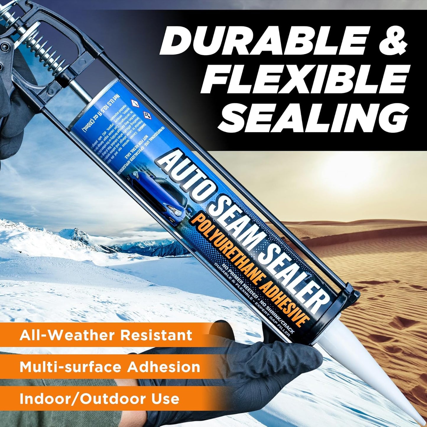 Professional Automotive Seam Sealer - Paintable Quick-Set Polyurethane for Metal Surfaces | 2 Pack, Includes Gloves & Tip - Black