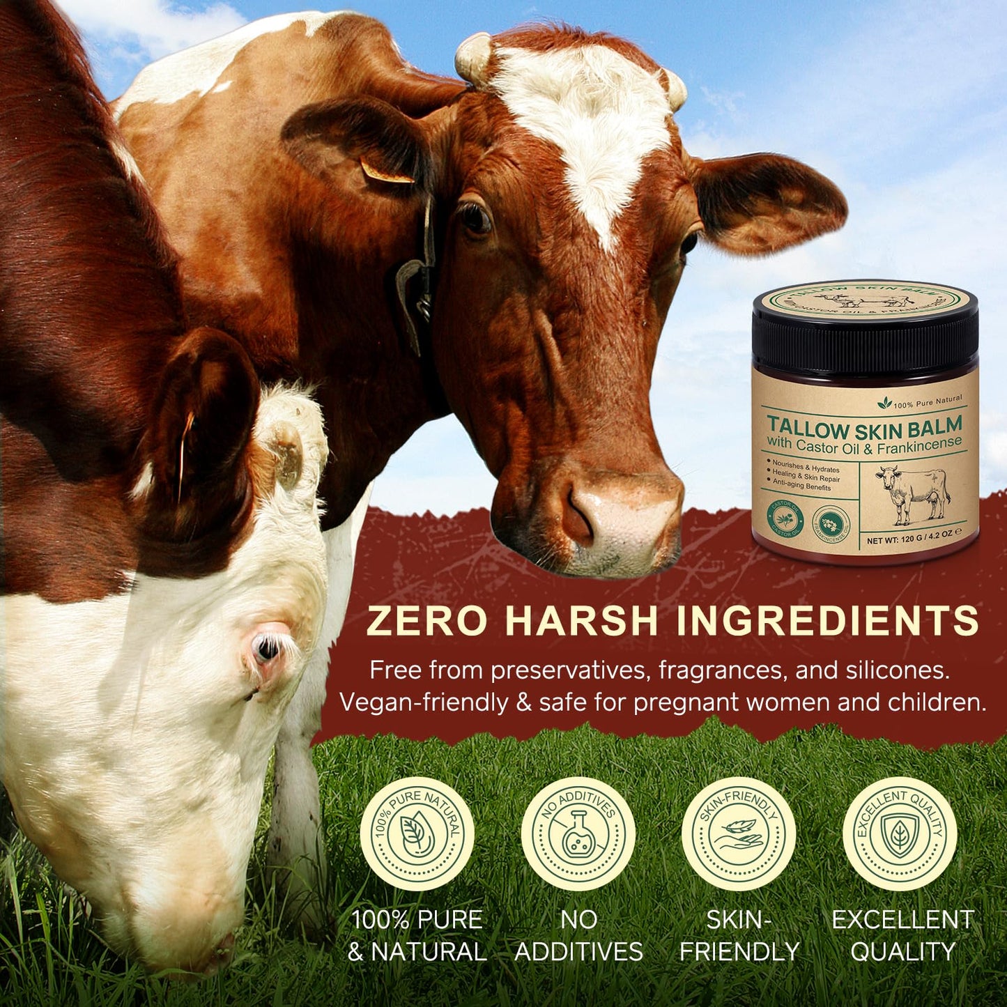 NVXNMSD Beef Tallow, Castor Oil, and Frankincense Oil Skin Balm - 100% Grass-Fed Tallow for Skin Care - Face & Body Moisturizer for Sensitive Skin, Deeply Moisturizing & Nourishing - 4.2 oz