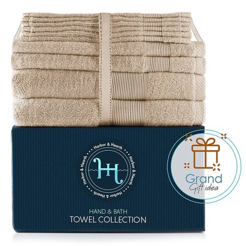 Hearth & Harbor Bath Towels for Bathroom - 100% Ring Spun Cotton Luxury Bathroom Towels - Soft & Highly Absorbent Bath Towels Set, 10 Piece Set (2 Bath Towels, 2 Hand Towels, 6 Washcloths) - Cream