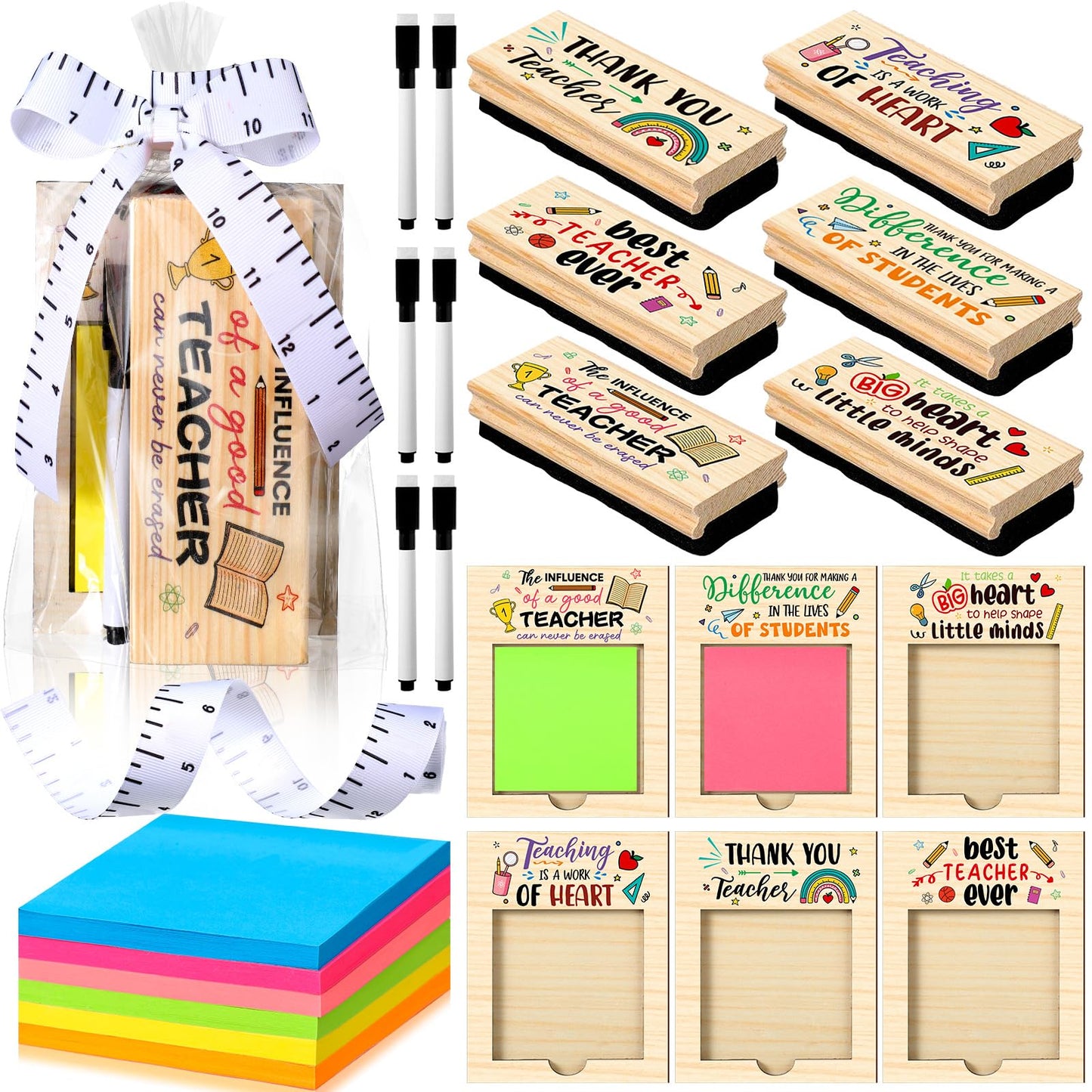 Kosiz 31 Pcs Back to School Teacher Gifts Bulk, Including 6 Thank You Wood Chalkboard Erasers with Markers 6 Note Sticky 6 Wooden Note Holder Measuring Tape for First Day of School Classroom Favor